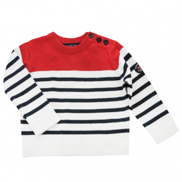 white navy top red sweater