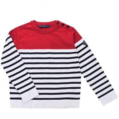 white navy top red sweater